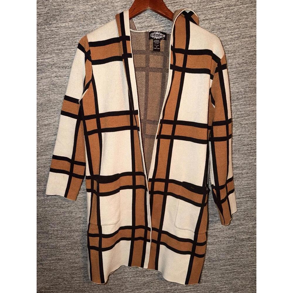 Oliver.o Plaid Cardigan Hooded Sweater Jacket Brown Tan Ivory Women's Medium M